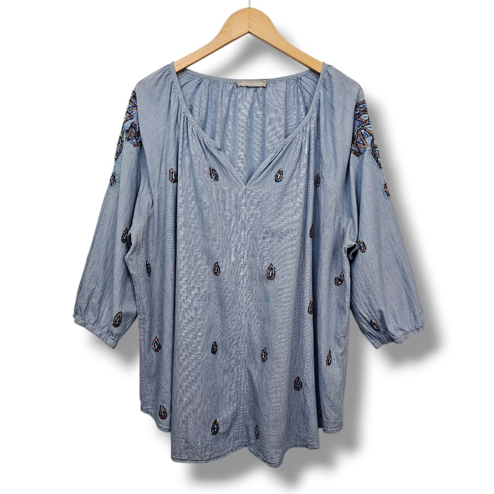 Woman Within Peasant Top 1X Blue White Striped Embroidered Beaded Western Boho‎